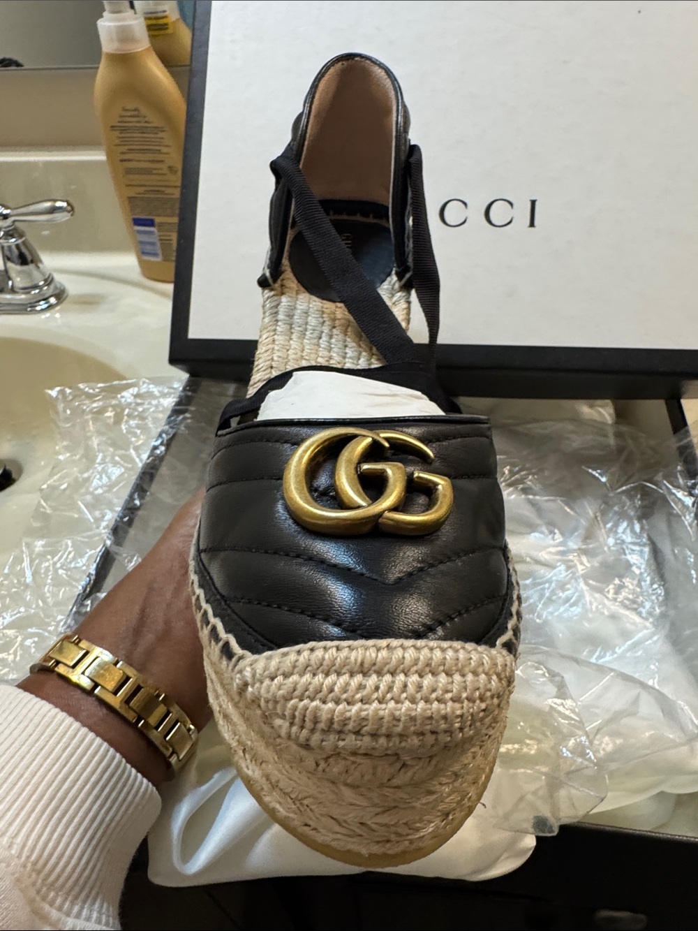 Gucci Black Leather Espadrille with Gold GG and Ribbon Ties
